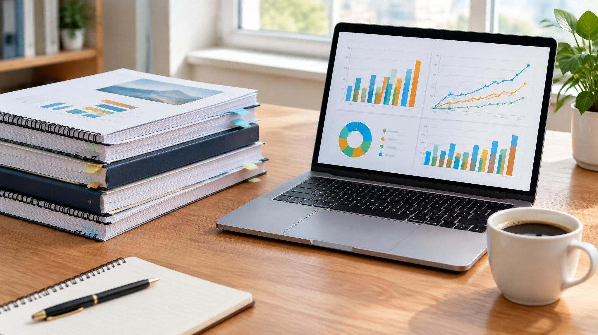 Stack of printed research reports next to an open laptop with charts